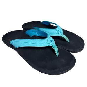 OluKai Ho'opio Women's Size 8 Flip Flops Blue Black Water Resistant Beach Sandal